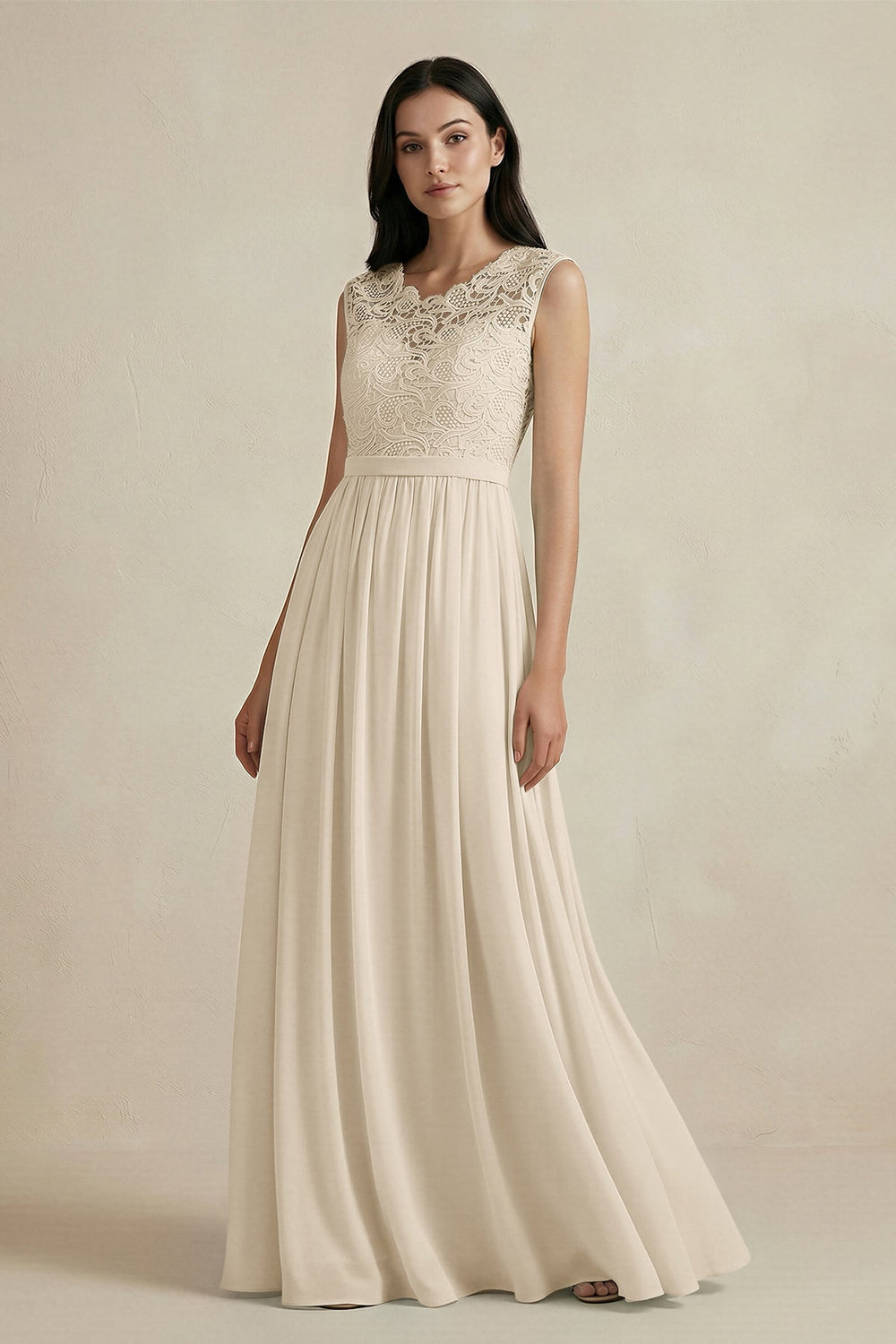 Lace Chiffon A - Line Round Neck Bridesmaid Dress in Champagne - SHE IS ME Bridesmaid Dresses