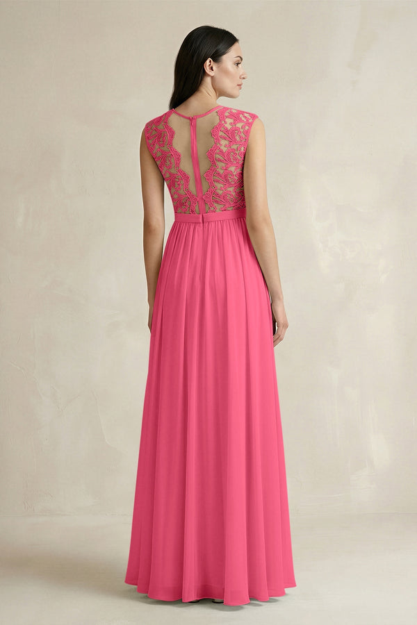 Lace Chiffon A - Line Round Neck Bridesmaid Dress in Fuchsia - SHE IS ME Bridesmaid Dresses
