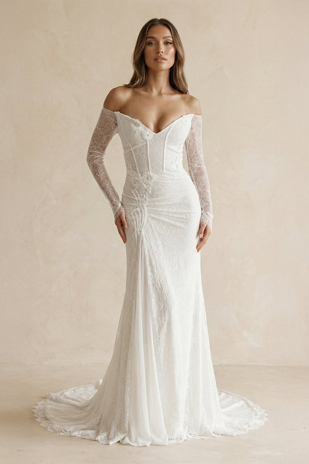 Lace Floral Corset Off - the - Shoulder Wedding Dress in Ivory - SHE IS ME Wedding Dresses