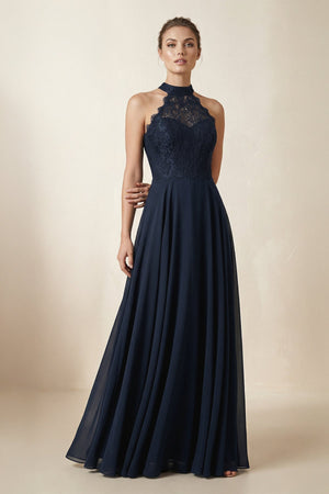 Lace Halter A - Line Chiffon Bridesmaid Dress in Dark Navy - SHE IS ME Bridesmaid Dresses