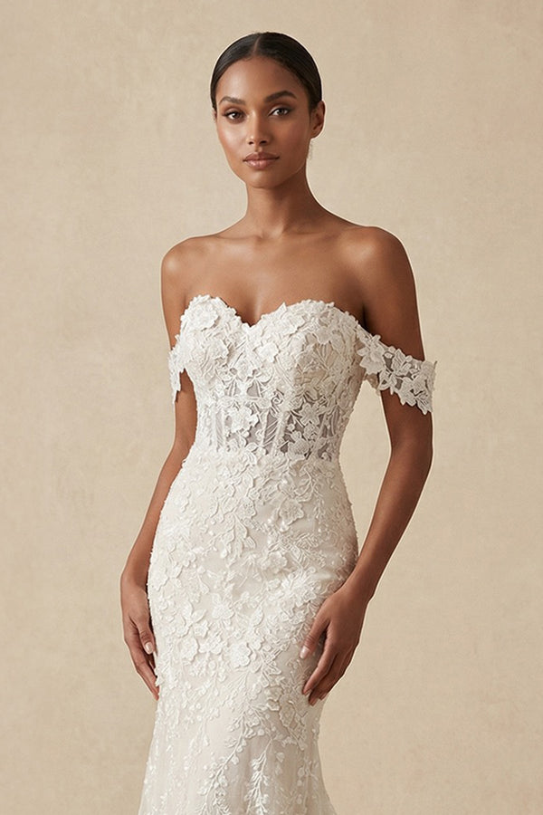 Lace Off - the - Shoulder Mermaid Wedding Dress in Ivory - SHE IS ME Wedding Dresses