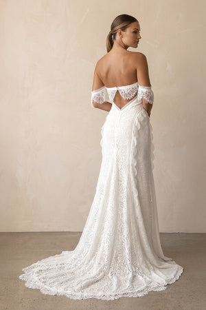 Lace Off - the - Shoulder Sheath Ruffled Wedding Dress in Ivory - SHE IS ME Wedding Dresses