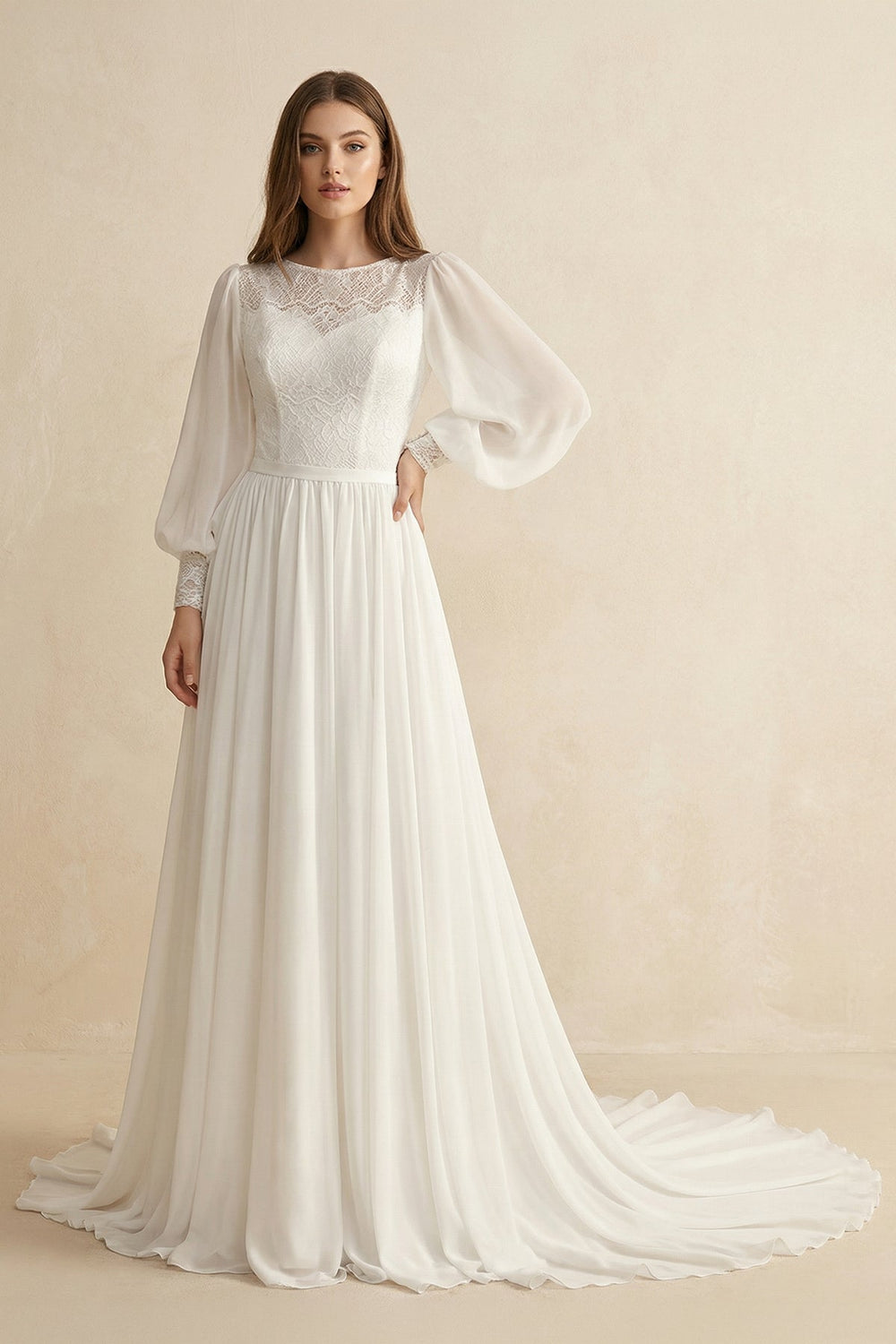 Long Sleeve A Line Wedding Dress With Appliques in Ivory - SHE IS ME Wedding Dresses