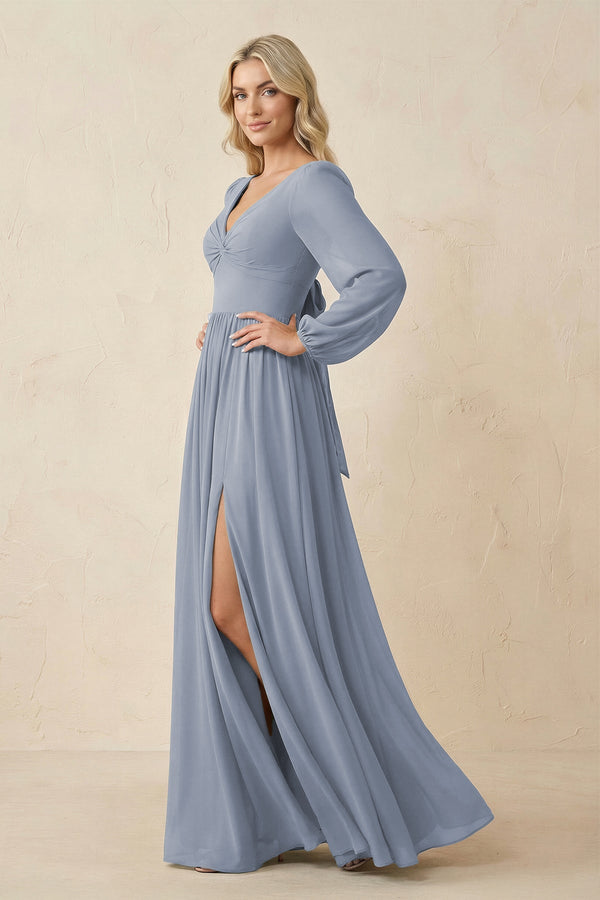 Long Sleeve V - Neck A - Line Chiffon Bridesmaid Dress in Twilight - SHE IS ME Bridesmaid Dresses