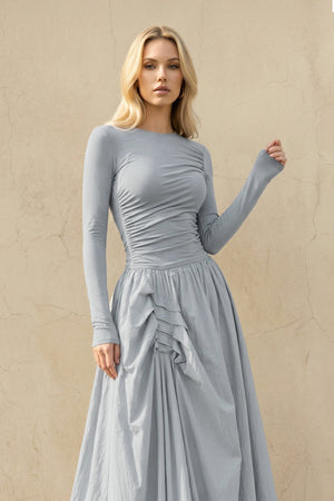 Long Sleeves Ruched Maxi Dress in Dusty Blue - SHE IS ME