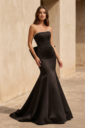 Mermaid Bow Gown With Pearls in Black - SHE IS ME