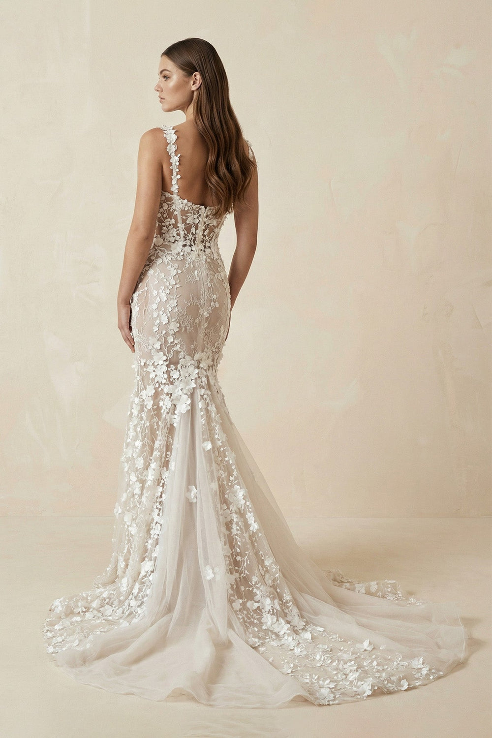 Mermaid Floral Lace Wedding Dress with Spaghetti Straps - SHE IS ME Wedding Dresses