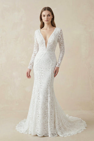 Mermaid Lace V - Neck Long Sleeves Wedding Dress in White - SHE IS ME Wedding Dresses