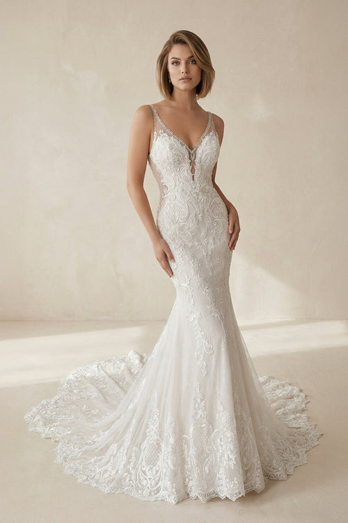 Mermaid Lace V Neck Wedding Dress in Ivory - SHE IS ME Wedding Dresses