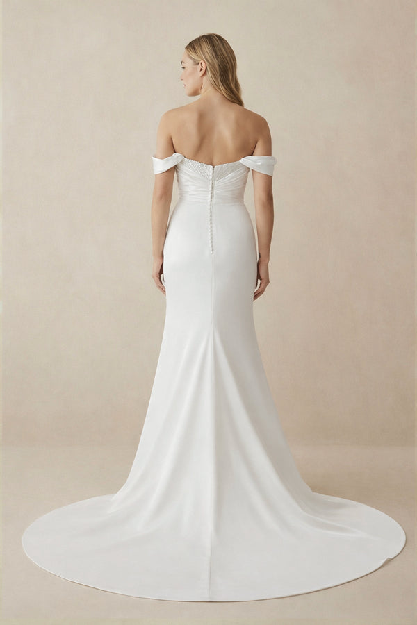 Mermaid Pearls Off - the - Shoulder Wedding Dress in White - SHE IS ME Wedding Dresses