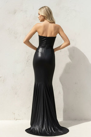Mermaid Ruched Metallic Maxi Dress in Black - SHE IS ME