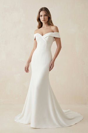 Mermaid Satin Off The Shoulder Wedding Dress in White - SHE IS ME Wedding Dresses