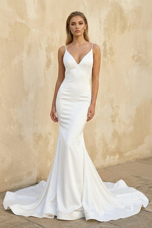 Mermaid Satin Sleeveless Wedding Dresses in White - SHE IS ME Wedding Dresses