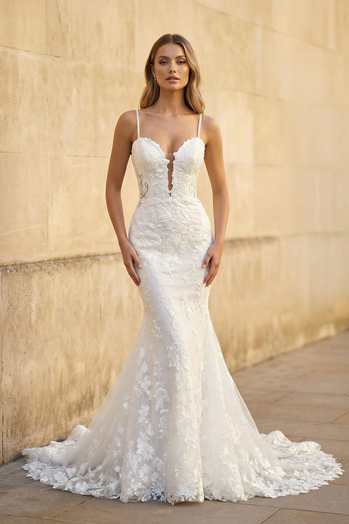Mermaid Spaghetti Straps Lace Wedding Dress in White - SHE IS ME Wedding Dresses