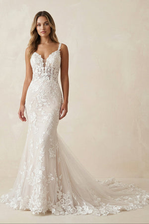 Mermaid Spaghetti Straps Lace Wedding Dress in White and Nude - SHE IS ME Wedding Dresses
