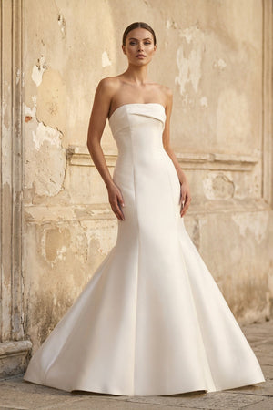 Mermaid Strapless Satin Wedding Dress With Bow in White - SHE IS ME Wedding Dresses