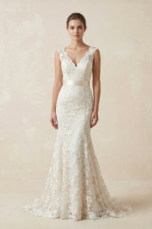 Mermaid V Neck Lace Open Back Wedding Dress in White and Nude - SHE IS ME Wedding Dresses