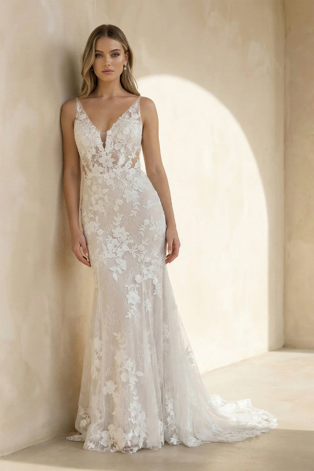 Mermaid V Neck Lace Wedding Dress - SHE IS ME Wedding Dresses