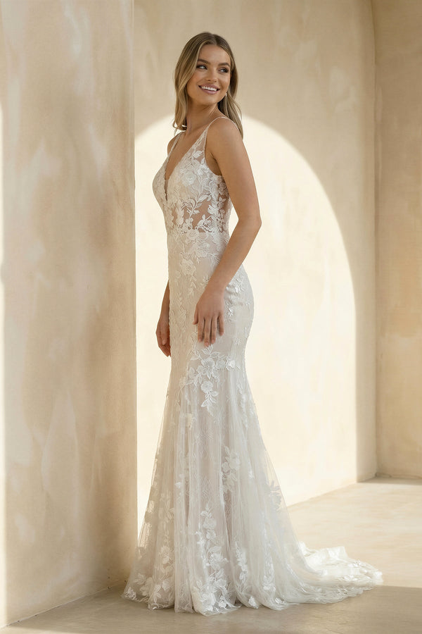 Mermaid V Neck Lace Wedding Dress in White and Nude - SHE IS ME Wedding Dresses