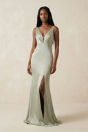Mermaid V - Neck Satin Bridesmaid Dress With Slit in Frost - SHE IS ME Bridesmaid Dresses