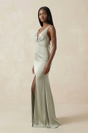 Mermaid V - Neck Satin Bridesmaid Dress With Slit in Frost - SHE IS ME Bridesmaid Dresses
