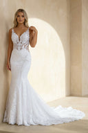 Mermaid V Neck Satin Lace Wedding Dresses in White - SHE IS ME Wedding Dresses
