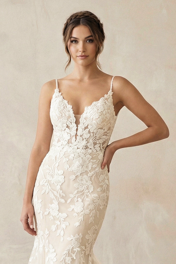 Mermaid V Neck Tulle Wedding Dresses with Appliques in Ivory - SHE IS ME Wedding Dresses