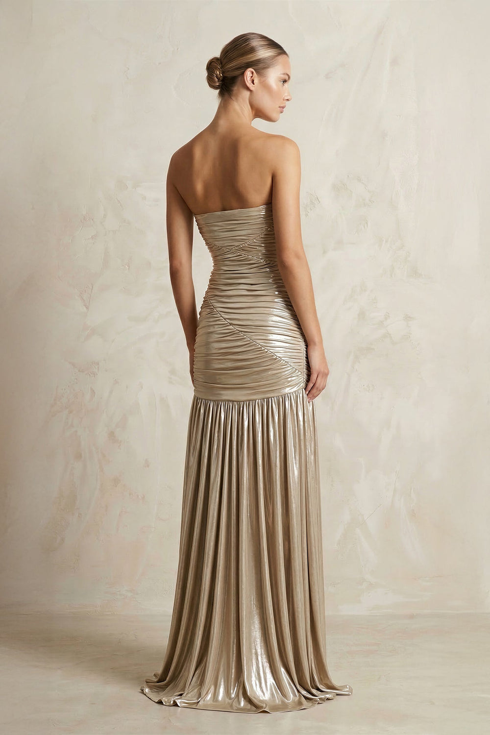 Metallic Pleated Maxi Dress With Slit in Champagne