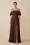 Off - the - Shoulder A - Line Chiffon Bridesmaid Dress in Espresso - SHE IS ME Bridesmaid Dresses