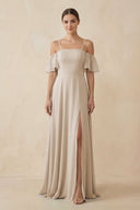 Off - the - Shoulder A - Line Chiffon Bridesmaid Dress in Frost - SHE IS ME Bridesmaid Dresses