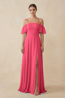 Off - the - Shoulder A - Line Chiffon Bridesmaid Dress in Fuchsia - SHE IS ME Bridesmaid Dresses
