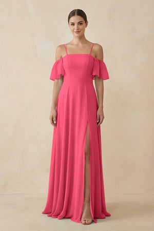 Off - the - Shoulder A - Line Chiffon Bridesmaid Dress in Fuchsia - SHE IS ME Bridesmaid Dresses