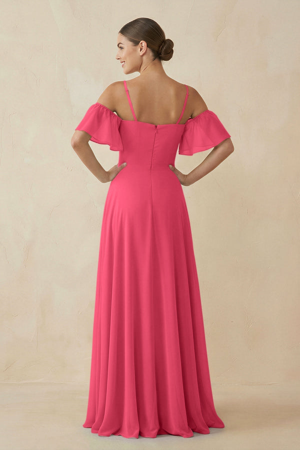 Off - the - Shoulder A - Line Chiffon Bridesmaid Dress in Fuchsia - SHE IS ME Bridesmaid Dresses