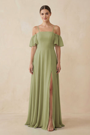 Off - the - Shoulder A - Line Chiffon Bridesmaid Dress in Moss Green - SHE IS ME Bridesmaid Dresses