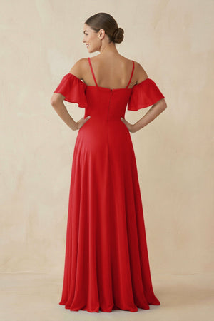 Off - the - Shoulder A - Line Chiffon Bridesmaid Dress in Ruby Red - SHE IS ME Bridesmaid Dresses
