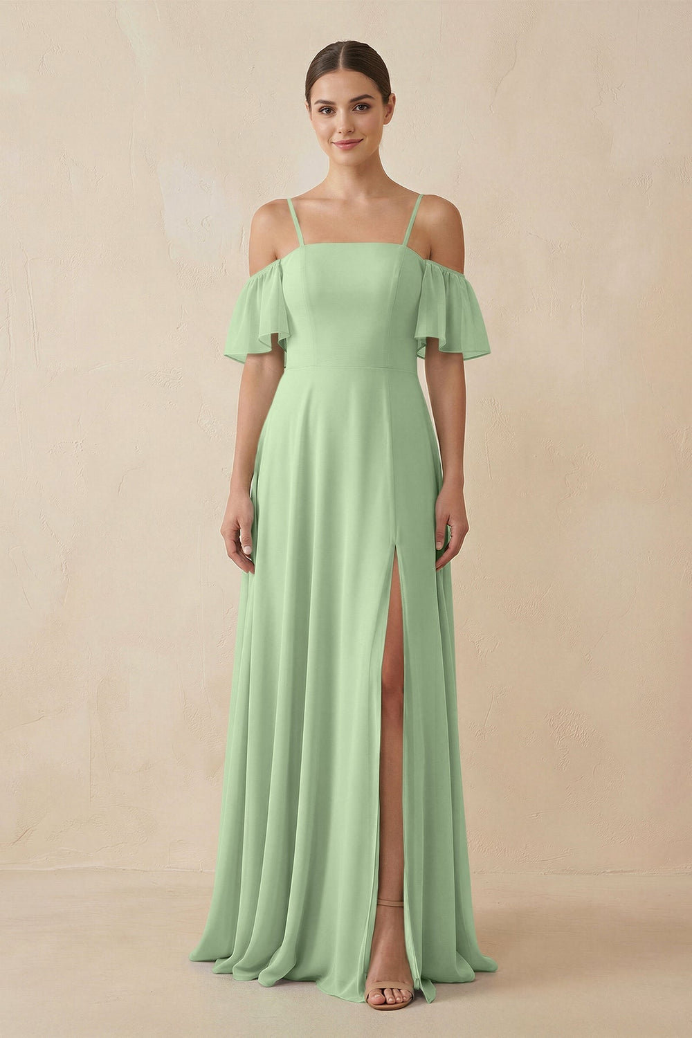 Off - the - Shoulder A - Line Chiffon Bridesmaid Dress in Sage - SHE IS ME Bridesmaid Dresses
