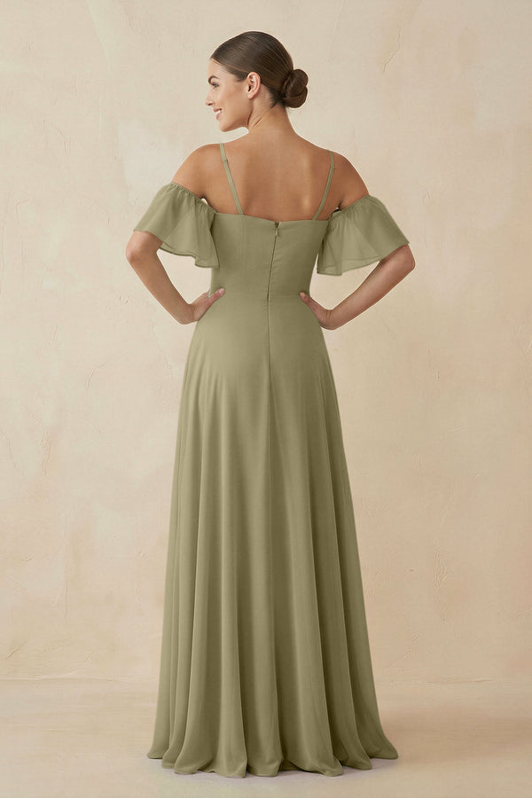 Off - the - Shoulder A - Line Chiffon Bridesmaid Dress in Thyme - SHE IS ME Bridesmaid Dresses