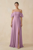 Off - the - Shoulder A - Line Chiffon Bridesmaid Dress in Wisteria - SHE IS ME Bridesmaid Dresses