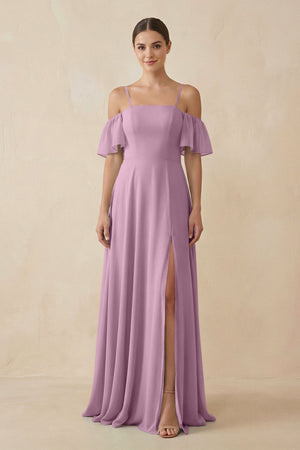 Off - the - Shoulder A - Line Chiffon Bridesmaid Dress in Wisteria - SHE IS ME Bridesmaid Dresses