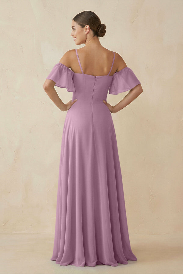 Off - the - Shoulder A - Line Chiffon Bridesmaid Dress in Wisteria - SHE IS ME Bridesmaid Dresses
