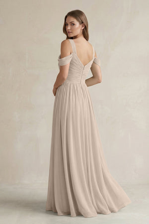 Off - the - Shoulder A - Line Chiffon Bridesmaid Dress With Slit in Almond - SHE IS ME Bridesmaid Dresses
