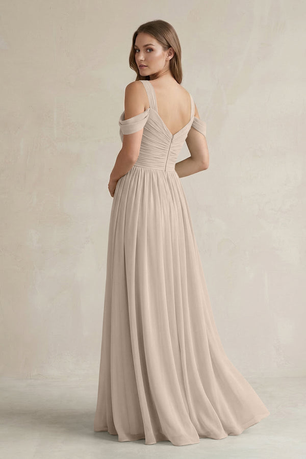 Off - the - Shoulder A - Line Chiffon Bridesmaid Dress With Slit in Almond - SHE IS ME Bridesmaid Dresses