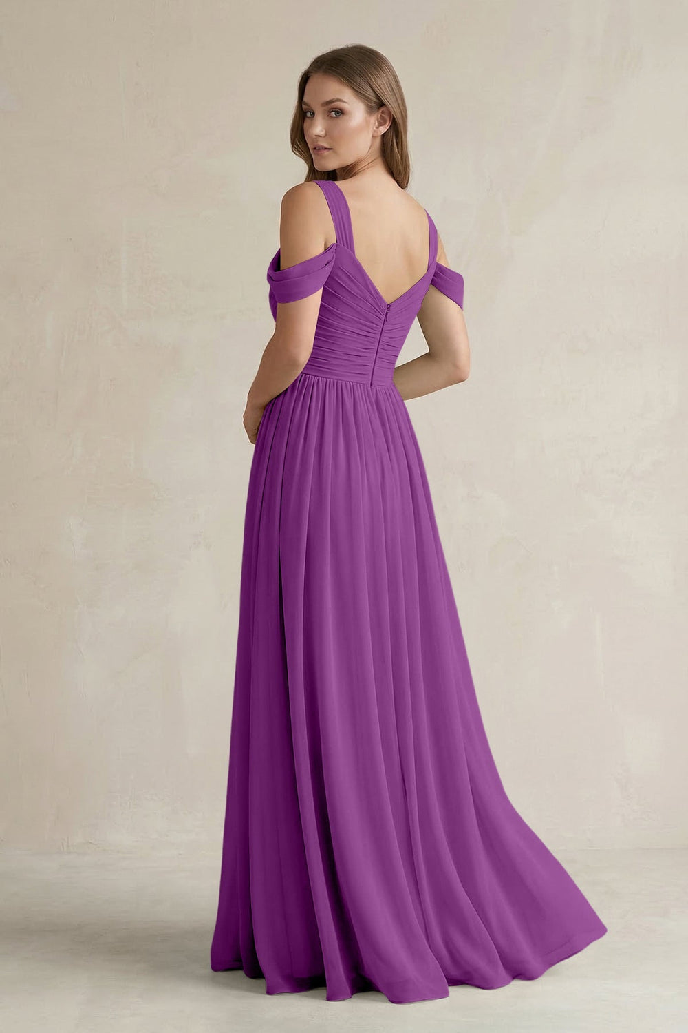 Off - the - Shoulder A - Line Chiffon Bridesmaid Dress With Slit in Amethyst - SHE IS ME Bridesmaid Dresses
