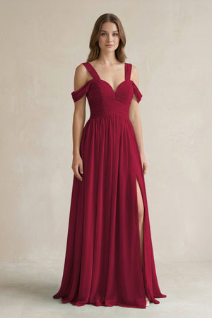 Off - the - Shoulder A - Line Chiffon Bridesmaid Dress With Slit in Berry - SHE IS ME Bridesmaid Dresses