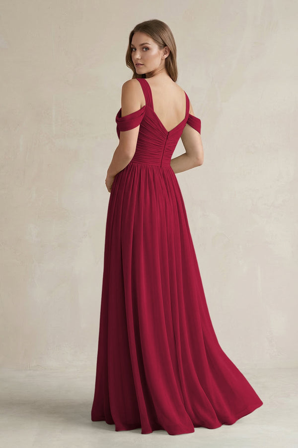 Off - the - Shoulder A - Line Chiffon Bridesmaid Dress With Slit in Berry - SHE IS ME Bridesmaid Dresses