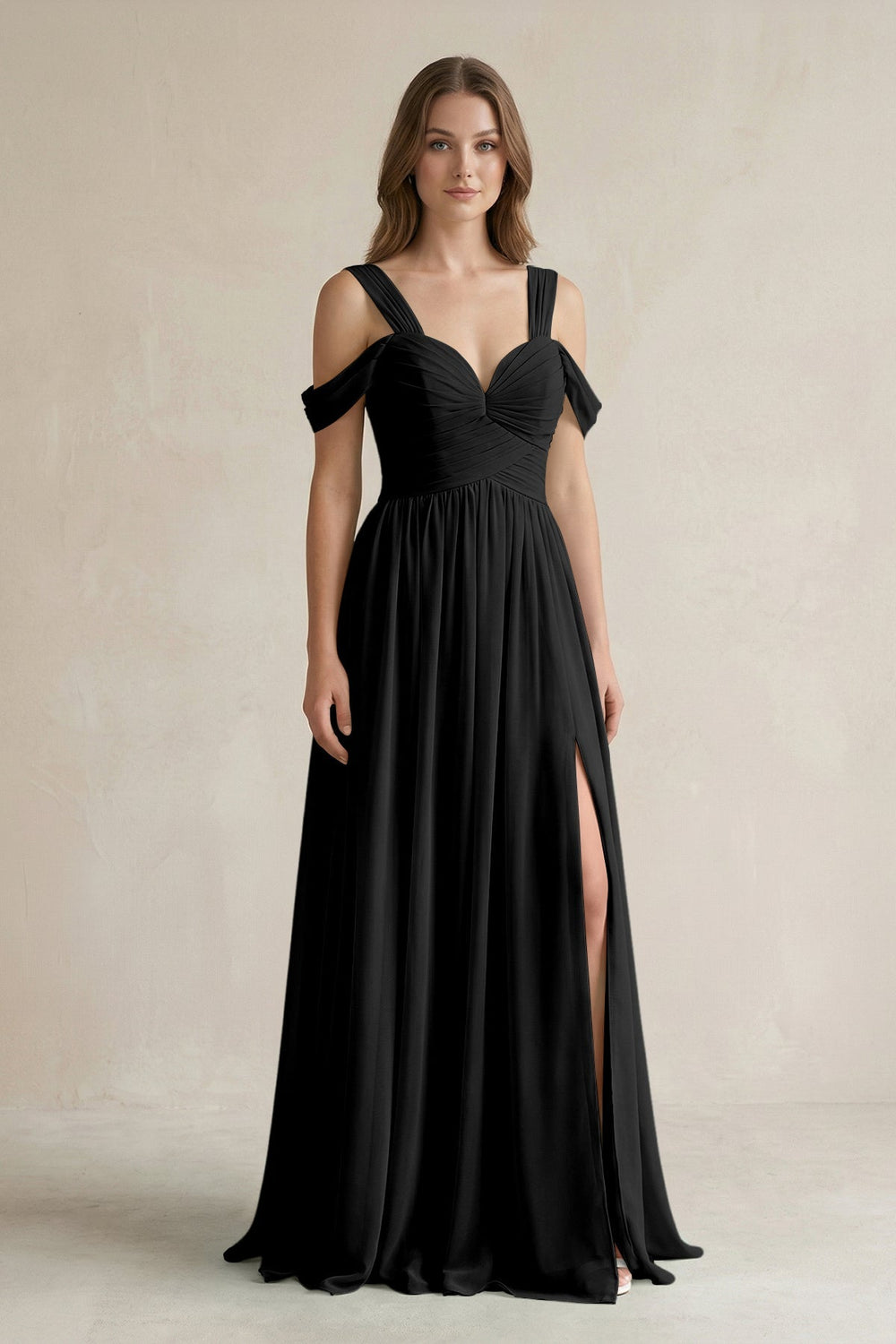 Off - the - Shoulder A - Line Chiffon Bridesmaid Dress With Slit in Black - SHE IS ME Bridesmaid Dresses
