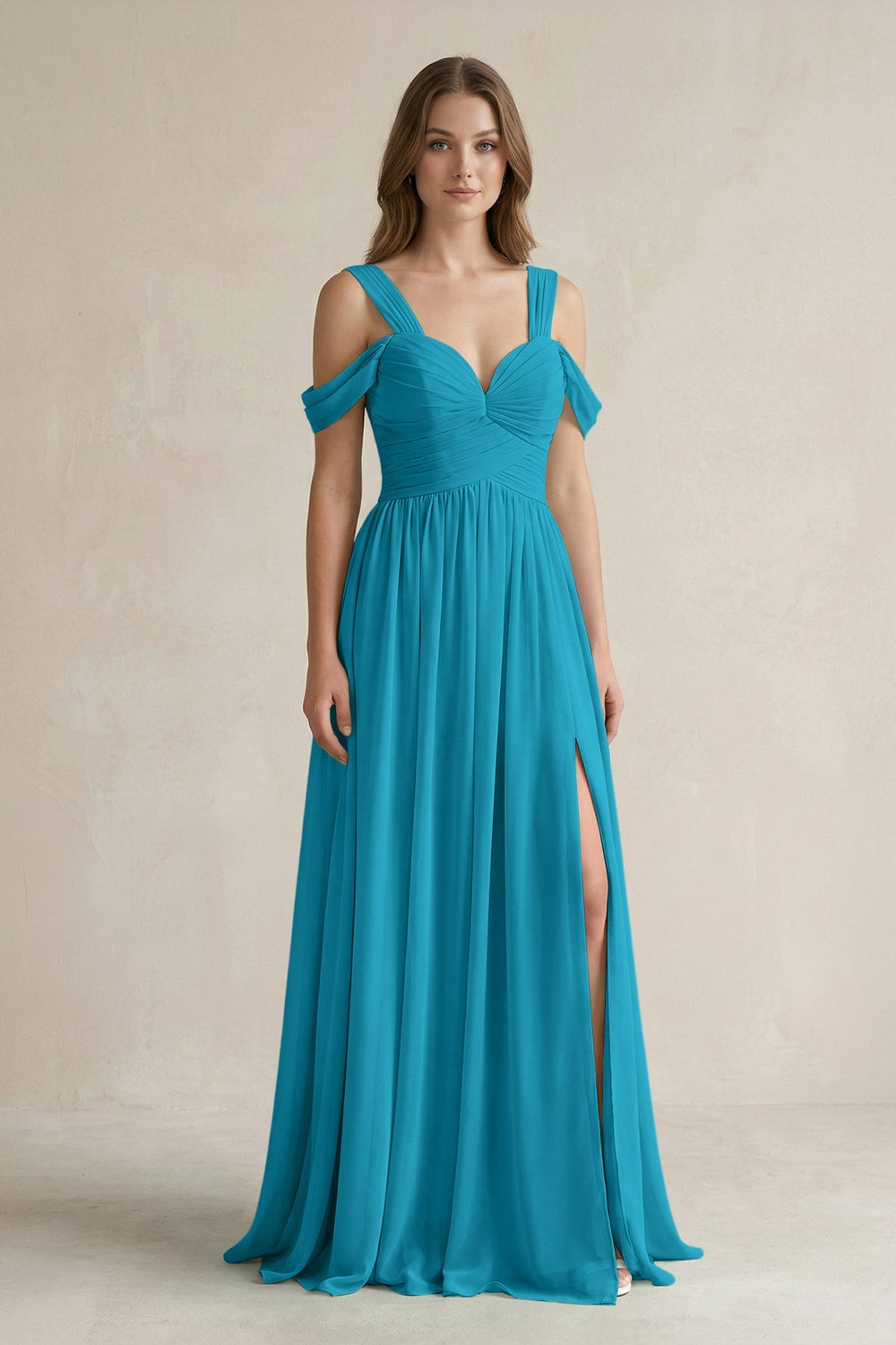 Off - the - Shoulder A - Line Chiffon Bridesmaid Dress With Slit in Blue Jay - SHE IS ME Bridesmaid Dresses