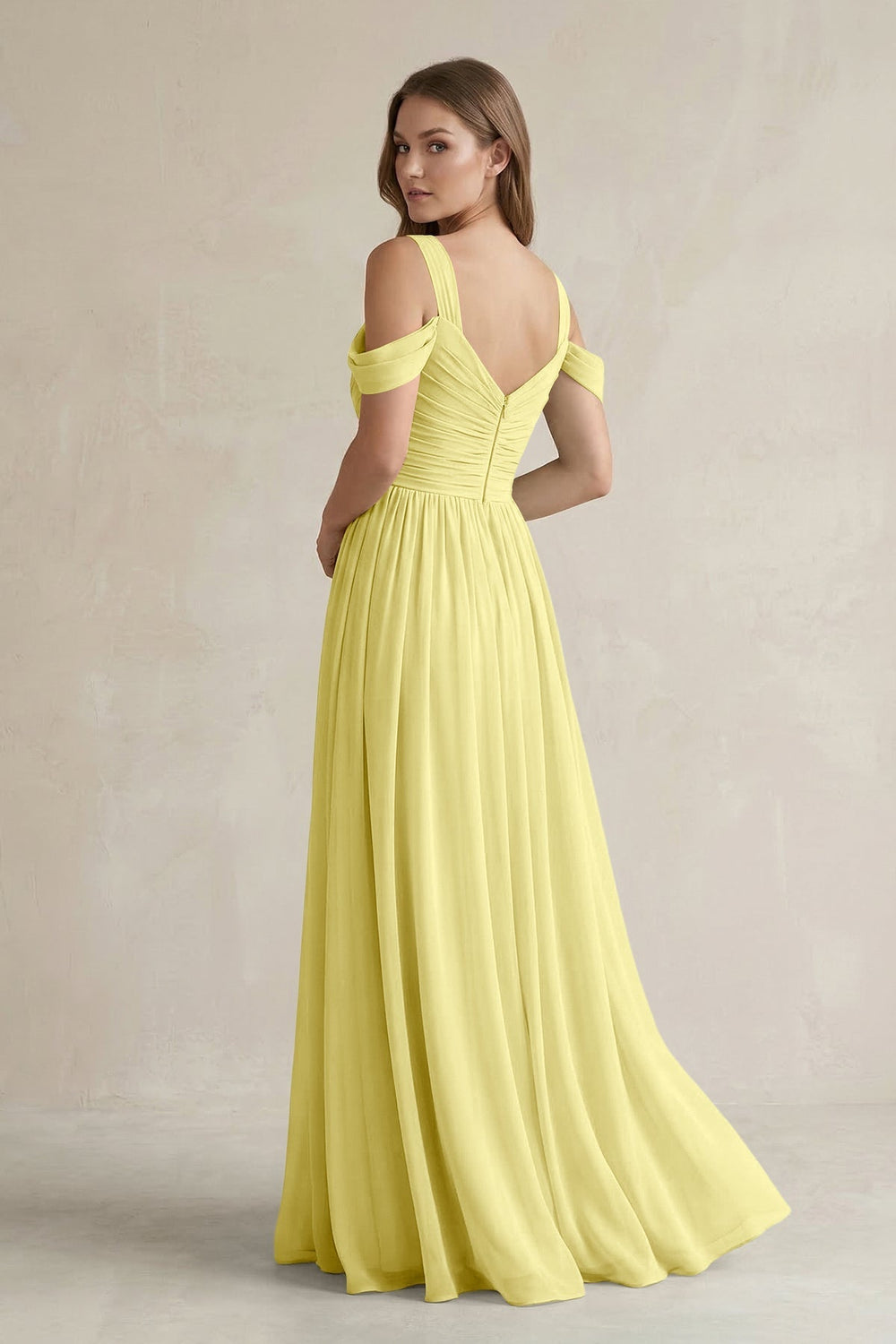 Off - the - Shoulder A - Line Chiffon Bridesmaid Dress With Slit in Buttercup - SHE IS ME Bridesmaid Dresses