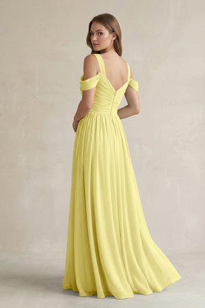 Off - the - Shoulder A - Line Chiffon Bridesmaid Dress With Slit in Buttercup - SHE IS ME Bridesmaid Dresses