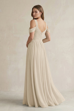 Off - the - Shoulder A - Line Chiffon Bridesmaid Dress With Slit in Champagne - SHE IS ME Bridesmaid Dresses